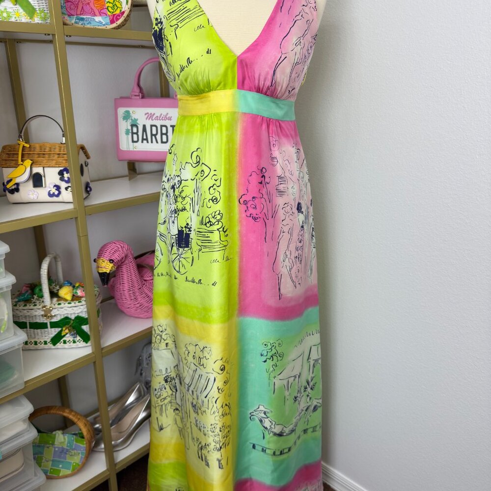 SOLD Beautiful SILK Lilly Pulitzer PETRA Maxi Dress "A Day in the Life" Size 4